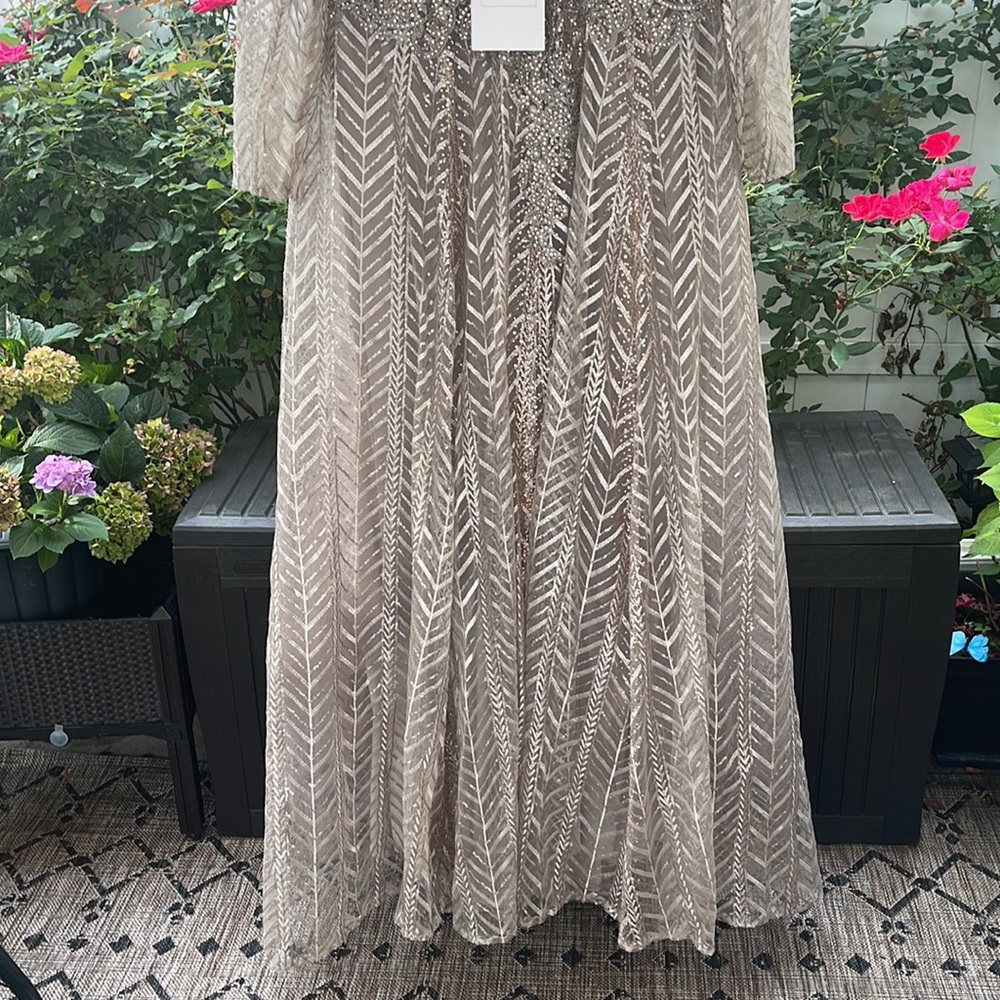 Ieena Mac Duggal - Embellished Illusion Long Sleeve Taupe A-line Gown - Picture 6 of 17